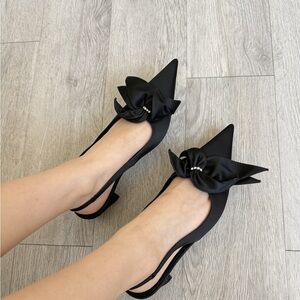 JW PEI Black Pointed Slingback Heels with Bow